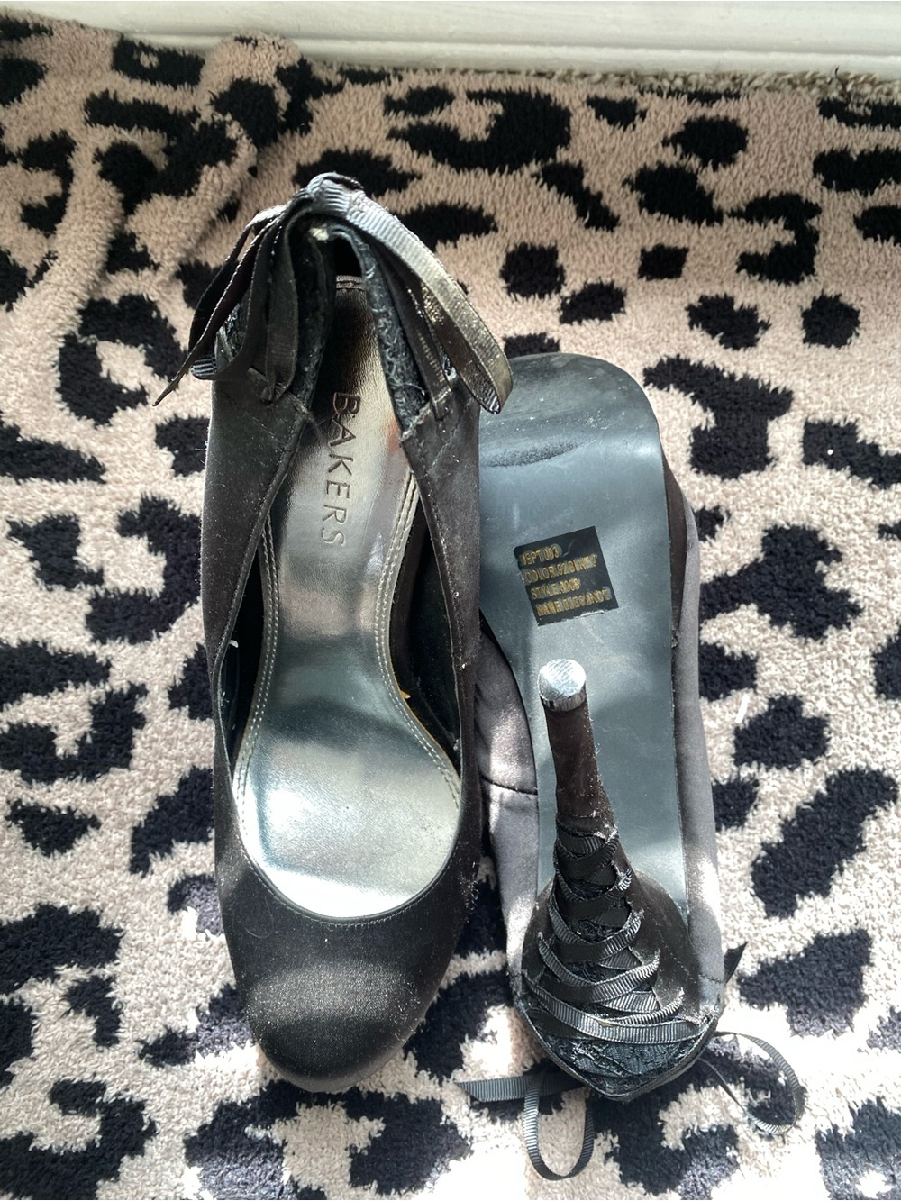 Bakers Black Satin Peep Toe Heels with Ankle Ribbon